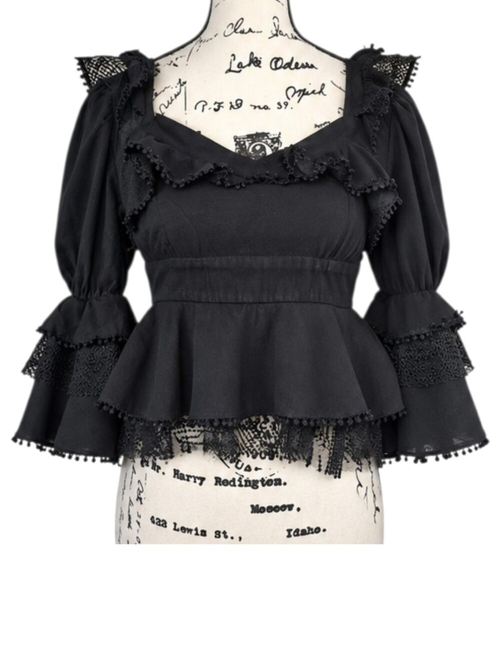 Hot & Delicious Black Lace Peplum Top M Puff Bell Sleeve Romantic Goth Victorian